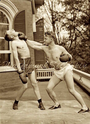 1910s era photo Negative early BOXING Sports Weakling vs Muscle BOXER Fight