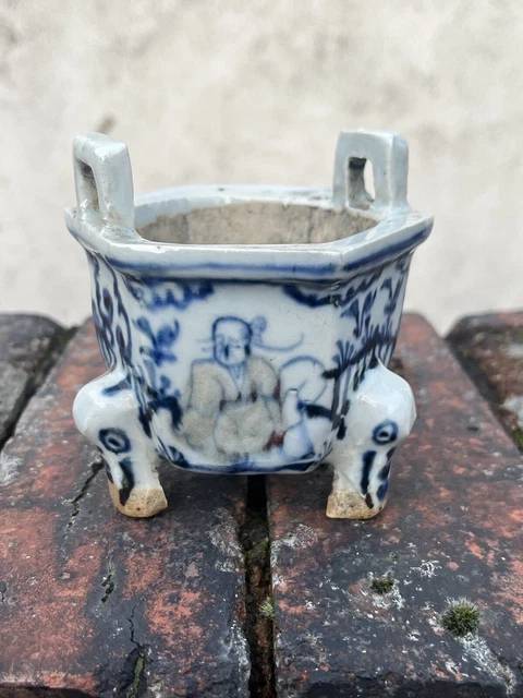 Chinese Antique Porcelain Censer Bowl Ming Dynasty Style Blue And White Red 💙