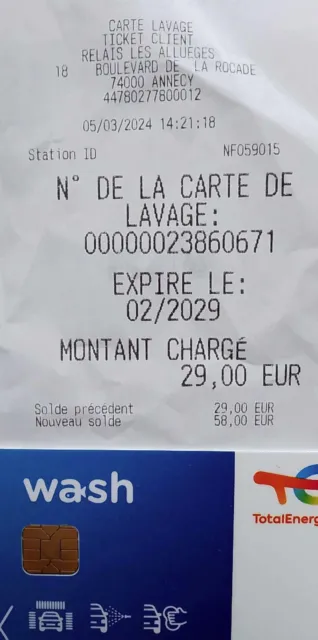 Carte lavage total Wash ( 58 euros )