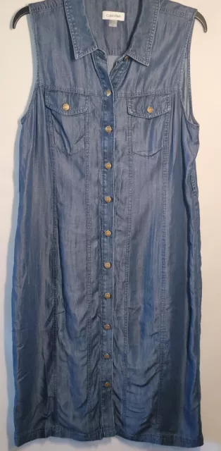 Calvin Klein Women's Shirt Dress Size 12 Blue Denim Chambray A-Line Button Up