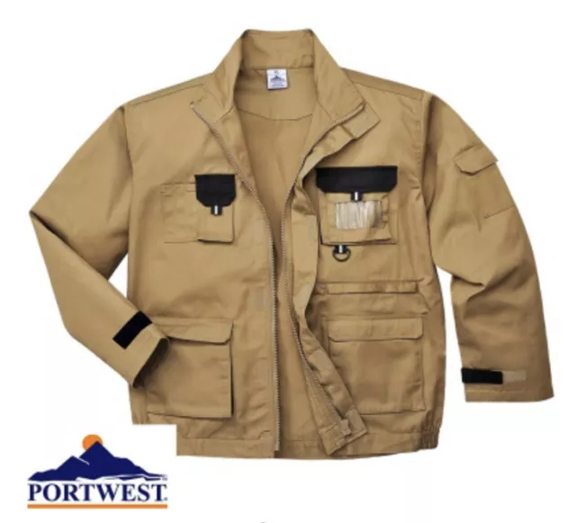 Giacca a contrasto Portwest Texo cappotto costruttori resistente multitasche cachi S