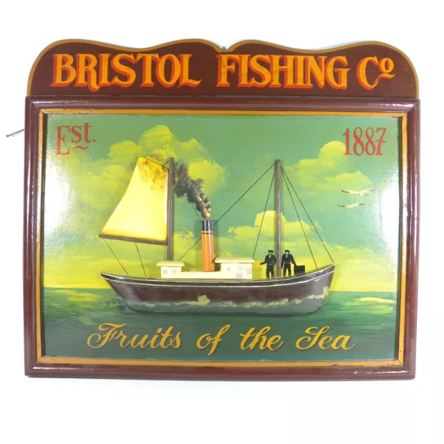 U283 Pannello Quadro Insegna Da Pub Inglese Legno Bristol Fishing 1887 Vintage