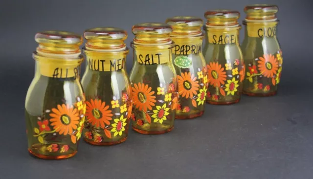 Vintage Spice Herb Glass Jars 6 Made in Italy Retro Orange Flower Patterns amber