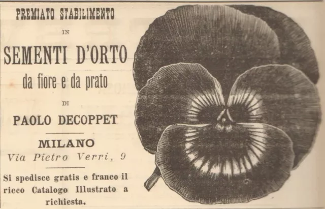 Pubblicita 1890 Paolo Decoppet Premiato Stabilimento Sementi D'orto Fiori Prato