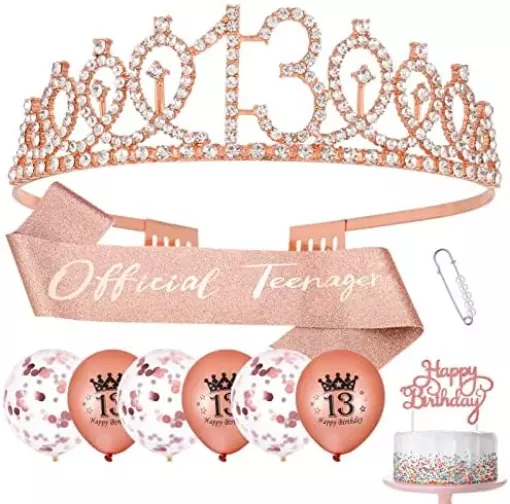 13th Birthday Sash and Tiara, Official Teenager for Girls Party Decor, Rose Gold