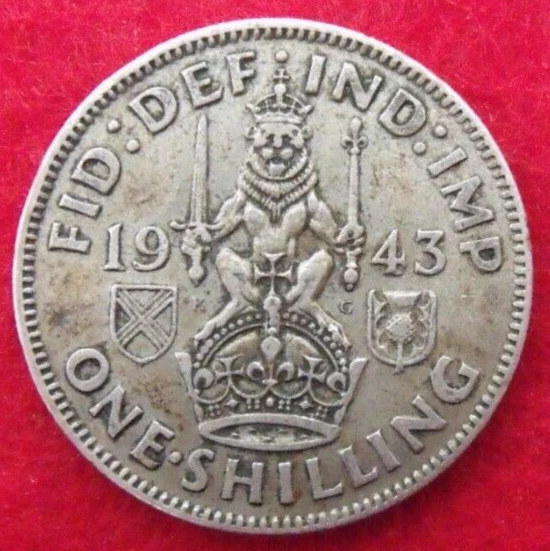 1943 GEORGE VI  SILVER SHILLING  ( 50% Silver )  British 1s Coin.   410