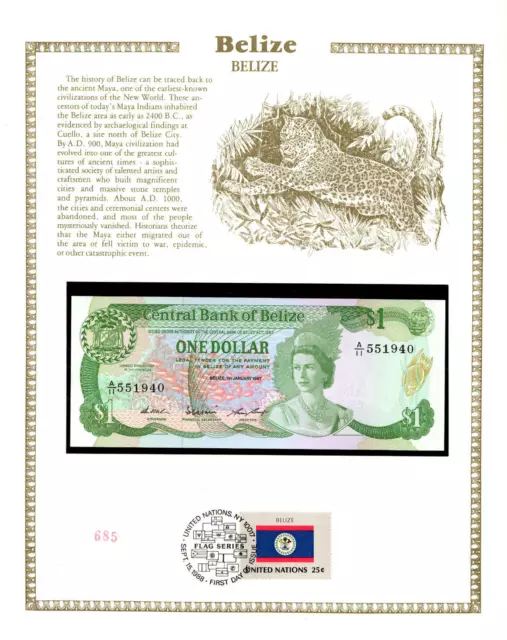 Belize Banknote 1 Dollar 1987 P 46c UNC w/FDI UN FDI FLAG STAMP A/11 551940