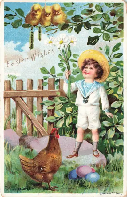 c1905 Raphael Tuck Boy Holds Flowers Looks At Chicks In Tree Eggs Easter P163