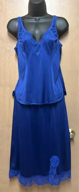 VTG Kayser 2 Piece Slip Set Rare Sapphire Blue 34/large Tall