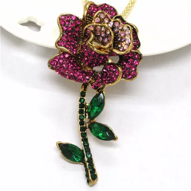 Fashion Women Rose Rhinestone Rose Vintage Crystal Pendant Sweater Necklace