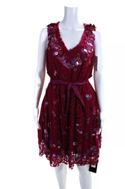 Nina Ricci Womens Paillette Lace V Neck A Line Dress Magenta Size IT 36