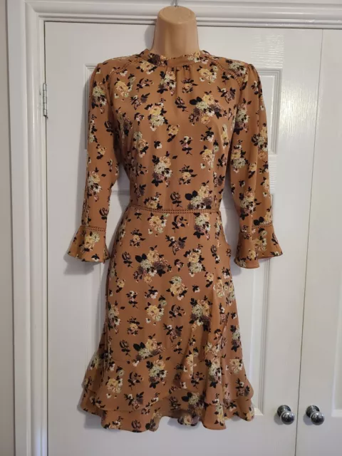 Dusky Pink / Camel Lined Floral Dress Size 12 By Oasis