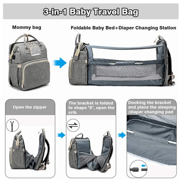 3 in 1 Baby Diaper Backpack, Changing Station, Foldable Travel Bag with Bassinet 3