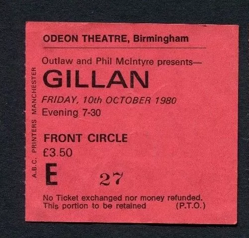 1980 Ian Gillan of Deep Purple concert ticket stub Odeon Birmingham UK