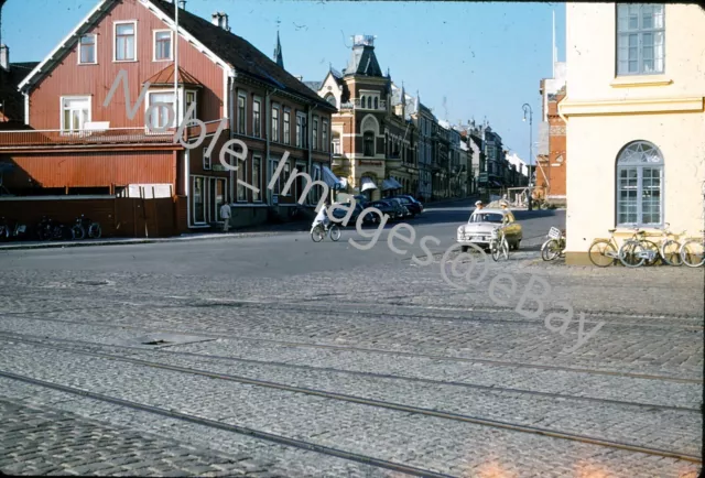 1950s City Street Scene Bicycle Streetcar Tracks Kiel Germany Kodachrome Slide