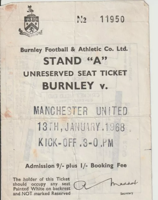 Burnley v Manchester United - January 13, 1968 - Postponed game seat ticket