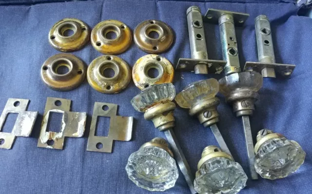 Lot 3 Antique Mid Century Door Lock Sets Glass Knobs with Hardware Vintage
