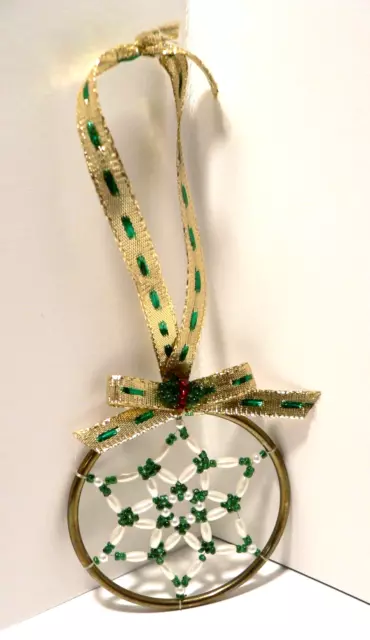 Beaded Dream Catcher Christmas Tree Ornament. Green & Gold.