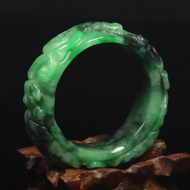 52mm Natural Black Green Jadeite Jade Bangle Bracelet Handcarved Dragons 11561