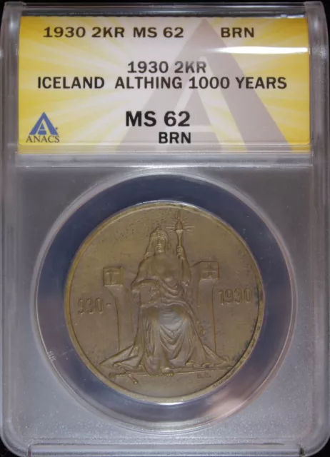 1930 ICELAND 2 KRNUR 1000th ANNIVERSARY ALTHING ANACS MS-62 (2330309)