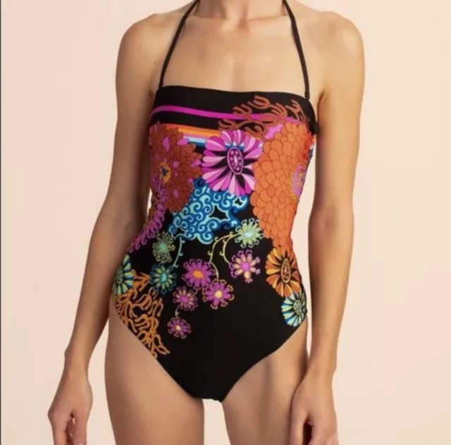 Trina Turk Black Multi Electric Reef Bandeau One-Piece Swimsuit Size 2