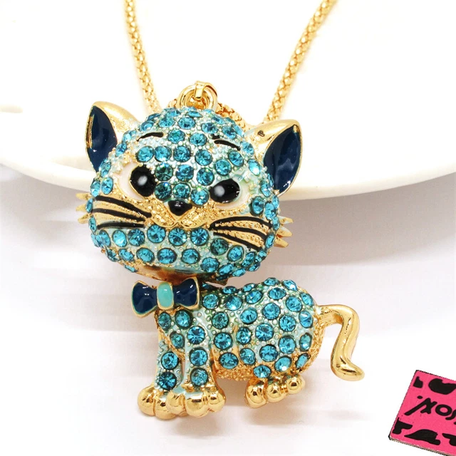 Betsey Johnson Animal Blue Rhinestone Cat Crystal Pendant Chain Necklace