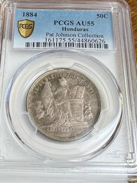 1884 HONDURAS 50 CENTAVOS Standing Lib, KM51, PCGS AU-55, Toned Nicely!