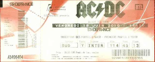 RARE / TICKET Concert - Ac/Dc Ac / Dc Live A Paris Stade De France 18 ...