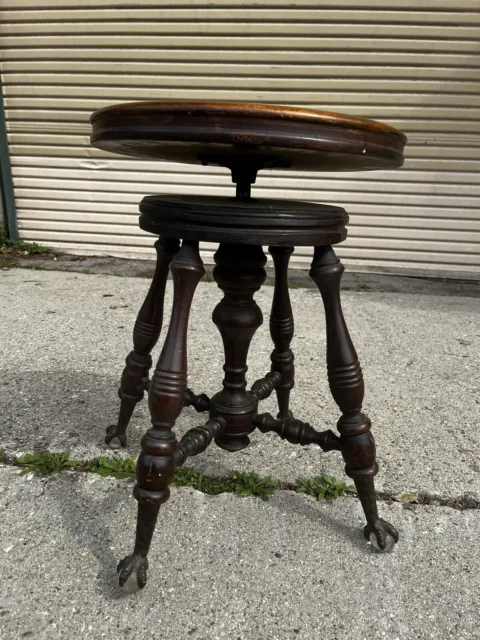 Antique Piano Swivel Stool Brass Claw & Glass Ball Feet