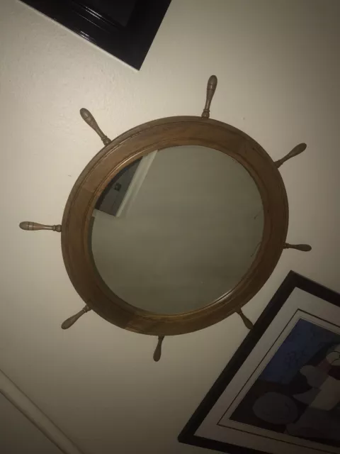Vintage Wood Nautical Marine Ship Pirate Wheel Mirror 38” Estate Find Restaurant