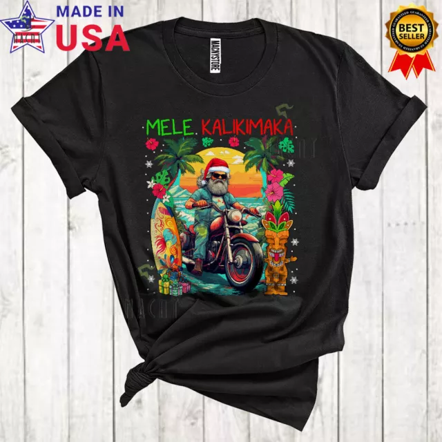 Mele Kalikimaka Christmas Santa Sunglasses Riding Motorcycle Hawaiian T-Shirt