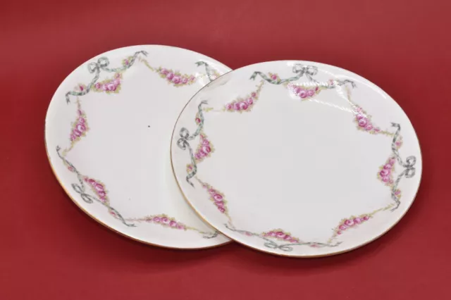 Antique Aynsley Ribbons Bows & Pink Roses Pair Of 23cm Dished Cake Serving Plate