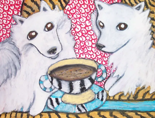 AMERICAN ESKIMO DOG Drinking a Chai Latte Art 8.5 x 11 Signed Print Artist KSams