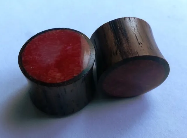 One Pair Handmade Crushed Red Coral Stone Inlay Sono Wood Saddle Ear Plugs Gauge