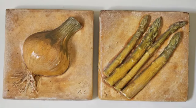 Anna Chandler Onion And Asparagus Wall Plaques Square Raised Design Signed