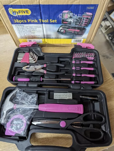 Ladies Pink Tool Box Set DIY Kit with Pink Hammer, Pink Pliers, Screwdrivers