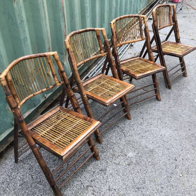 Vintage BOHO Tortoiseshell Bamboo Rattan Folding Chairs ~ Set of 4 See Desc