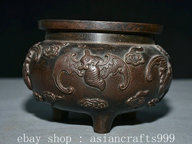 5.4" Old Chinese Xuande Marked Bronze Dynasty Fengshui Bat Incense Burner Censer