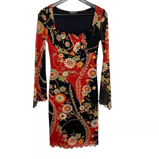 Vintage Y2K Red Black Floral Print Long Sleeve Lettuce Hem Knee Length Dress Med