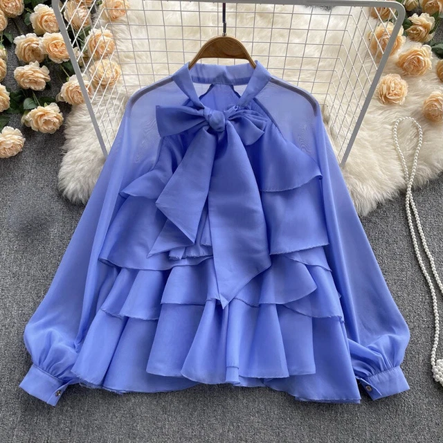 Women Casual Mesh Ruffle Shirt Blouse Top Long Puff Sleeve Loose Lolita Chic New