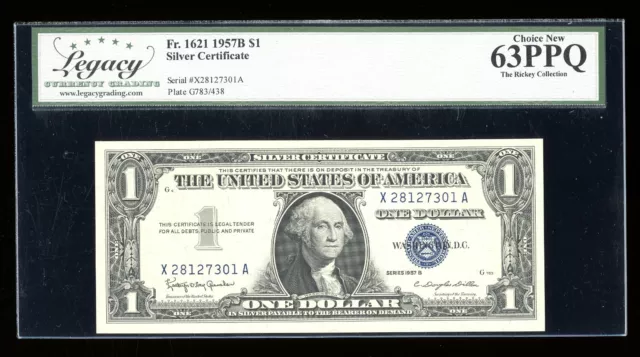 DBR $1 1957-B Silver Fr. 1621 XA Block Legacy 63 PPQ Serial X28127301A