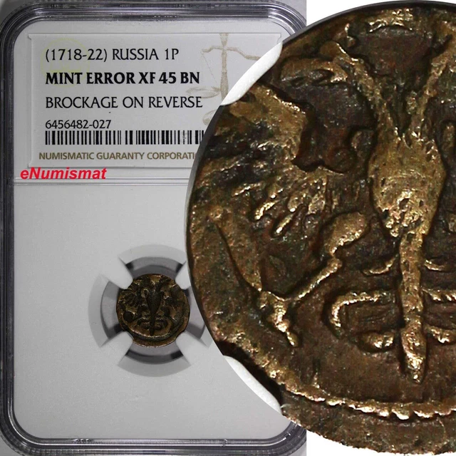 Russia Peter I (1718-1722) Polushka NGC MINT ERROR XF45 BN BROCKAGE KM# 152.2(7)