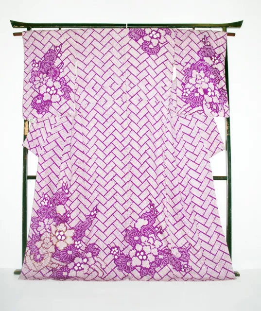 Furisode Kimono Robe L Purple Silk Shibori Floral Wedding Dress Vintage  F/S