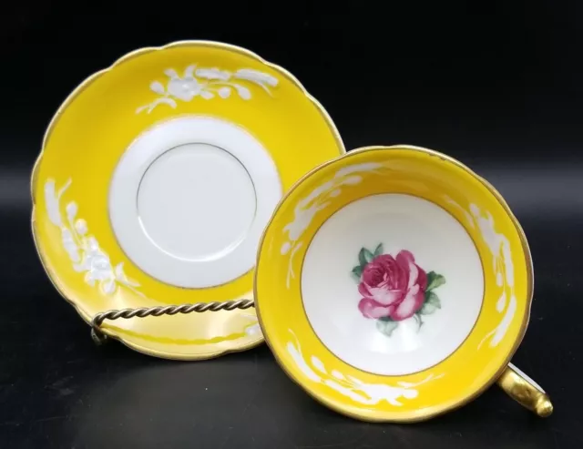 Antique ROYAL BAYREUTH BAVARIA Footed Tea Cup & Saucer yellow & white, pink Rose