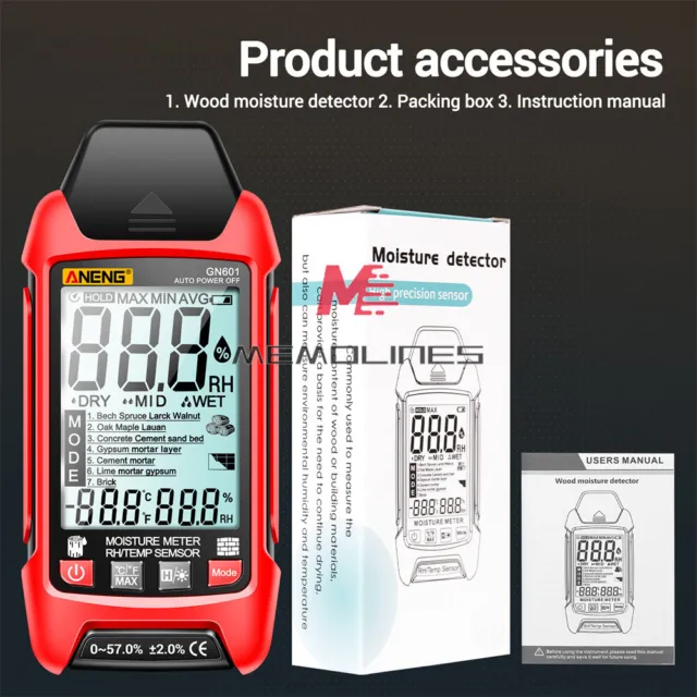 ANENG GN601 Digital LCD Backlight Wood Moisture Meter Detector Tester With Probe