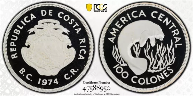 1974  100 Colones (Silver) Costa Rica Manatee Pcgs Pr68 Dcam #47588950