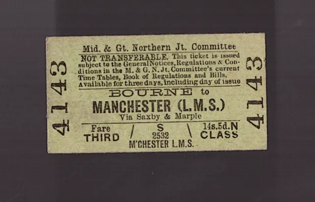 Midland & Great Northern Jt Com. Third Class Ticket - Bourne to Manchester (LMS)