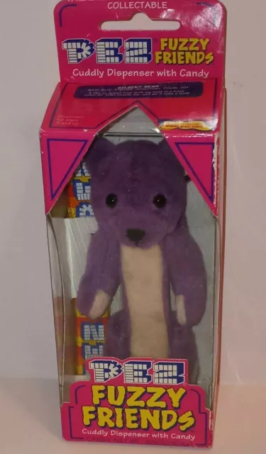 PEZ Fuzzy Friends Plush Buddy Bear Cuddly Dispenser Gilbert Bear Purple vtg 2000