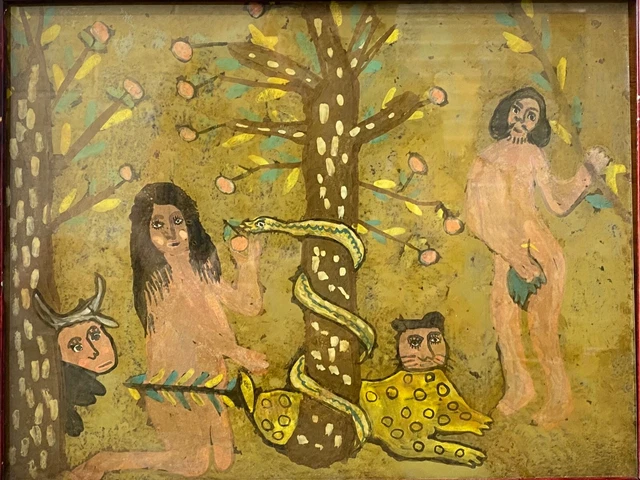 🔥 Unusual Antique Old 19th c. Primitive American Folk Art Adam & Eve Painting