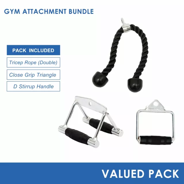 Gym Attachment Bundle - Close Grip Triangle, D Stirrup Handle &Tricep Rope (D...